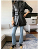 Autumn Black Wool Blends Patchwork Leather Jacket Women with Many Pockets Long Sleeve Korean Streetwear