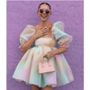 Women Elegant Sweet Dress Casual Ruffle Dress Female Tie-dyed Printing/Solid Long Sleeve Boho Dress Puff Sleeves Bubble Skirt