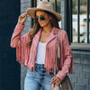 Womens Vintage Lapel Long Sleeve Fringe Cropped Hippie Motor Biker Cardigan Outwears Faux Suede Tassel Jacket