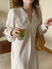 Women Autumn Beige Long Loose Lace Dress V Neck Straight Full Sleeve Pullover Maxi Dresses Female