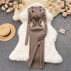 Women Korean Knitted Dress Long Sleeve V Neck Elastic Slim Pencil Dresses Autumn Sexy Bodycon Split Sweater Dress