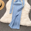 Women Korean Knitted Dress Long Sleeve V Neck Elastic Slim Pencil Dresses Autumn Sexy Bodycon Split Sweater Dress