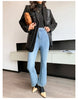 Autumn Black Wool Blends Patchwork Leather Jacket Women with Many Pockets Long Sleeve Korean Streetwear