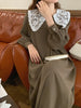 Women Autumn Beige Long Loose Lace Dress V Neck Straight Full Sleeve Pullover Maxi Dresses Female
