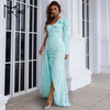 Light Blue Sequin Party Dress Women One Shoulder Long Sleeve Ruffles Side Split Draped Evening Prom Dresses Long Gown