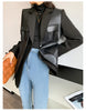 Autumn Black Wool Blends Patchwork Leather Jacket Women with Many Pockets Long Sleeve Korean Streetwear