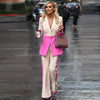 High Street Designer Runway Suit Set Women's Single Button Color Block Blazer Flare Pants Suit