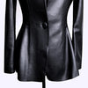 Autumn Black Slim Soft Pu Leather Jacket Women Deep V Neck Long Puff Sleeve Elegant Skirted Blazer