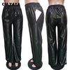 Women Faux Leather Straight High Waist PU Pants Elegant Autumn Winter Solid Wide Leg Black Trousers
