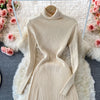 Women Pleated Knitted Dress Turtleneck Long Sleeve Elastic Slim Pencil Dress Autumn Winter Sexy Bodycon Sweater Dress