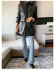Autumn Black Wool Blends Patchwork Leather Jacket Women with Many Pockets Long Sleeve Korean Streetwear