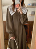 Women Autumn Beige Long Loose Lace Dress V Neck Straight Full Sleeve Pullover Maxi Dresses Female