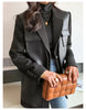 Autumn Black Wool Blends Patchwork Leather Jacket Women with Many Pockets Long Sleeve Korean Streetwear