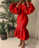 Women Evening Dress Solid Full Puff Sleeve V-neck Long Maxi Trumpet Dresses Vintage Party Vestidos Fall Outfit