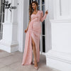 Light Blue Sequin Party Dress Women One Shoulder Long Sleeve Ruffles Side Split Draped Evening Prom Dresses Long Gown