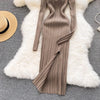 Women Korean Knitted Dress Long Sleeve V Neck Elastic Slim Pencil Dresses Autumn Sexy Bodycon Split Sweater Dress