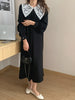 Women Autumn Beige Long Loose Lace Dress V Neck Straight Full Sleeve Pullover Maxi Dresses Female