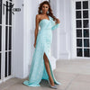 Light Blue Sequin Party Dress Women One Shoulder Long Sleeve Ruffles Side Split Draped Evening Prom Dresses Long Gown