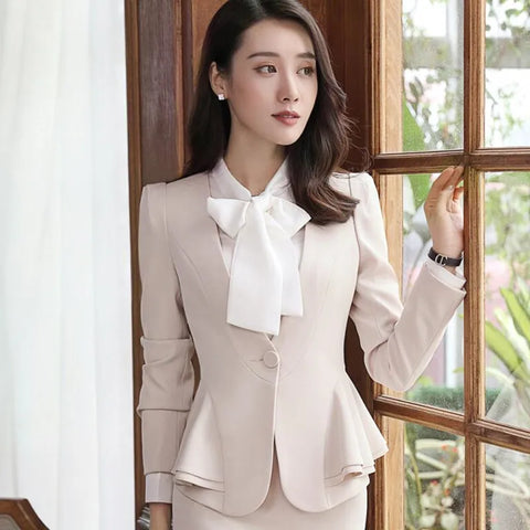 Elegant Red Women Blazer Winter Formal Business Ruffles Slim V Neck Jacket Office Ladies Work Coat