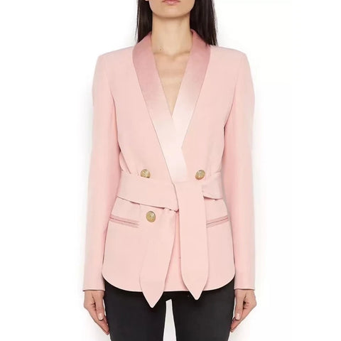 High Street Designer Blazer Women's Shawl Collar Double Breasted Metal Buttons Belt Blazer Jacket