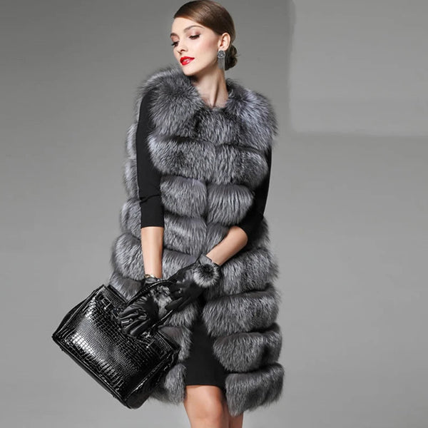 European station high-imitation fur vest women's entire skin silver fox Fox hair long Korean version of a large coat jacket