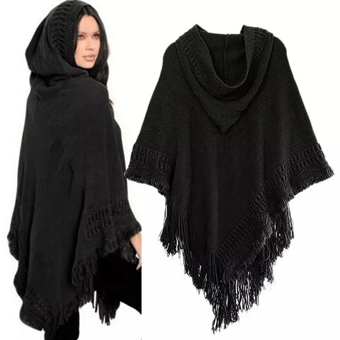 Women Ladies Tassel Cape Coat Fringe Poncho Oblique Stripe Coat Bohemian Shawl Scarf