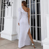 Light Blue Sequin Party Dress Women One Shoulder Long Sleeve Ruffles Side Split Draped Evening Prom Dresses Long Gown