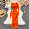 Women Korean Knitted Dress Long Sleeve V Neck Elastic Slim Pencil Dresses Autumn Sexy Bodycon Split Sweater Dress