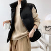 Stand Neck Puffer Cotton Vest Beige Black Autumn Winter Loose Vest Women Jacket