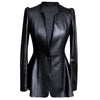 Autumn Black Slim Soft Pu Leather Jacket Women Deep V Neck Long Puff Sleeve Elegant Skirted Blazer