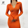 Women Korean Knitted Dress Long Sleeve V Neck Elastic Slim Pencil Dresses Autumn Sexy Bodycon Split Sweater Dress