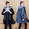 Winter Women Lamb Wool Thick Denim Jacket 5XL Loose Hooded Windbreaker Coat Casual Zipper Jeans Outerwear Warm Parkas