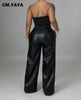 Women Faux Leather Straight High Waist PU Pants Elegant Autumn Winter Solid Wide Leg Black Trousers