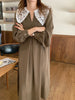 Women Autumn Beige Long Loose Lace Dress V Neck Straight Full Sleeve Pullover Maxi Dresses Female