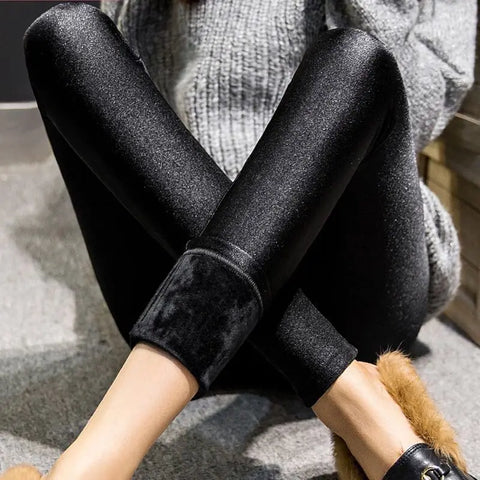 Autumn Winter Thick Leggings Solid Slim Pants Lady fleece Warm Leggings Casual Black Shiny High Waist Leggings