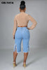 Women Jeans Hole Ripped Tassle Low Waist Elastic Flare Knee Length Denim Pants Sexy High Street Trousers