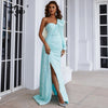 Light Blue Sequin Party Dress Women One Shoulder Long Sleeve Ruffles Side Split Draped Evening Prom Dresses Long Gown