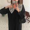 Women Autumn Beige Long Loose Lace Dress V Neck Straight Full Sleeve Pullover Maxi Dresses Female