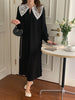 Women Autumn Beige Long Loose Lace Dress V Neck Straight Full Sleeve Pullover Maxi Dresses Female