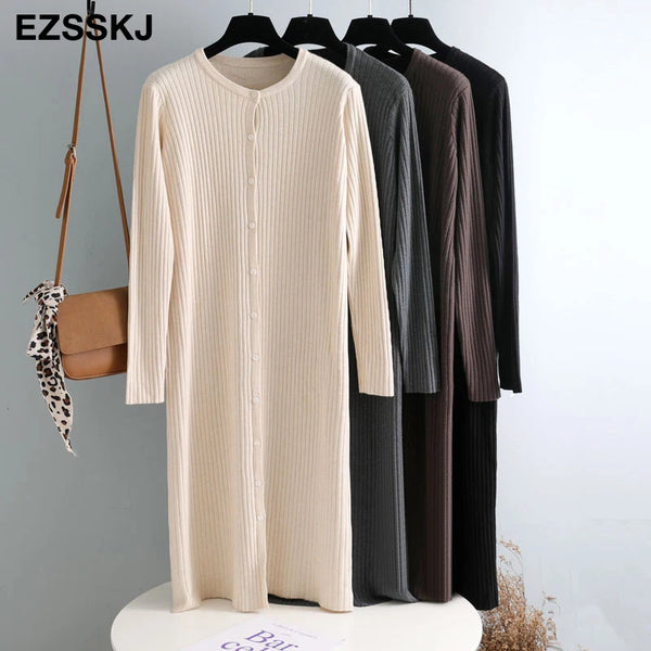 autumn winter o-neck button oversize long sweater dress chic loose knit dress women long dress Female chic sweater maixt dress