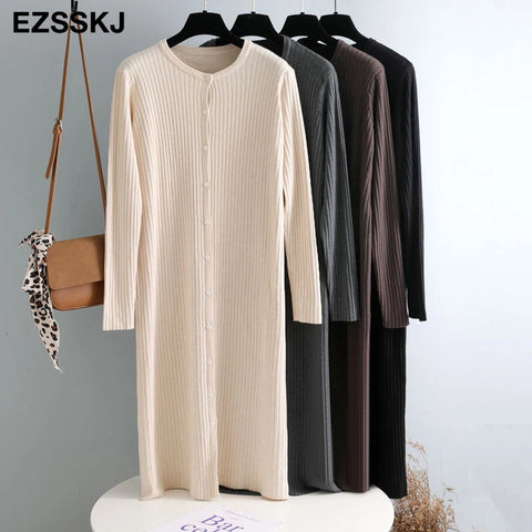 autumn winter o-neck button oversize long sweater dress chic loose knit dress women long dress Female chic sweater maixt dress