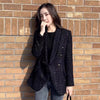 Winter Women Tweed Double Breasted Black Blazer Coat Vintage Long Sleeve Flap Pockets Female Outerwear Chic Suit Femme