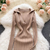 Women Korean Knitted Dress Long Sleeve V Neck Elastic Slim Pencil Dresses Autumn Sexy Bodycon Split Sweater Dress