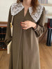 Women Autumn Beige Long Loose Lace Dress V Neck Straight Full Sleeve Pullover Maxi Dresses Female