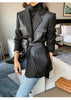 Autumn Black Wool Blends Patchwork Leather Jacket Women with Many Pockets Long Sleeve Korean Streetwear