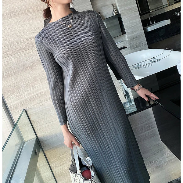 Tianpei Pleats Spring Autumn Winter Women Long Sleeve Comfortable Dress Korean Style Casual Designer Clothes