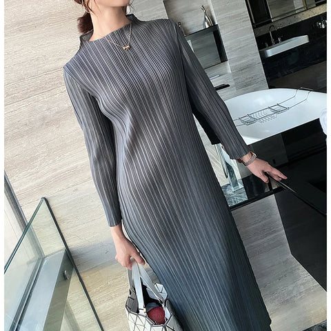 Tianpei Pleats Spring Autumn Winter Women Long Sleeve Comfortable Dress Korean Style Casual Designer Clothes