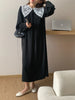 Women Autumn Beige Long Loose Lace Dress V Neck Straight Full Sleeve Pullover Maxi Dresses Female