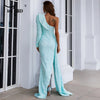 Light Blue Sequin Party Dress Women One Shoulder Long Sleeve Ruffles Side Split Draped Evening Prom Dresses Long Gown