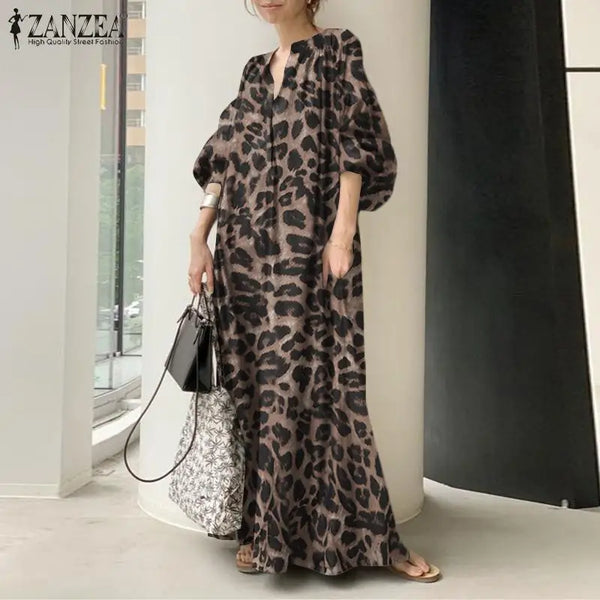 Leopard Printed Women's Maxi Dress Vacation Spring Puff Sleeve Long Vestidos Casual V Neck Robe Oversize
